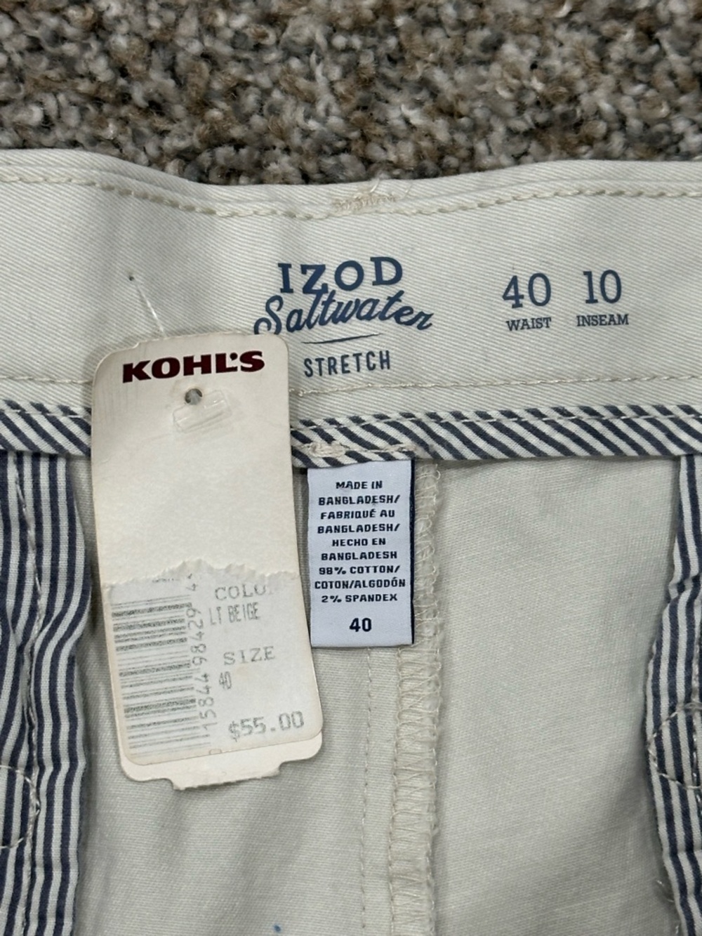 Men's IZOD Saltwater 40 XL Relaxed Chino Khakis Short Cream 10” inseam Stretch - Picture 8 of 8